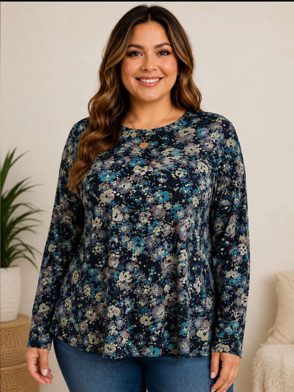 croft & barrow Navy Floral Long Sleeve Tee with Teal and Olive Accents